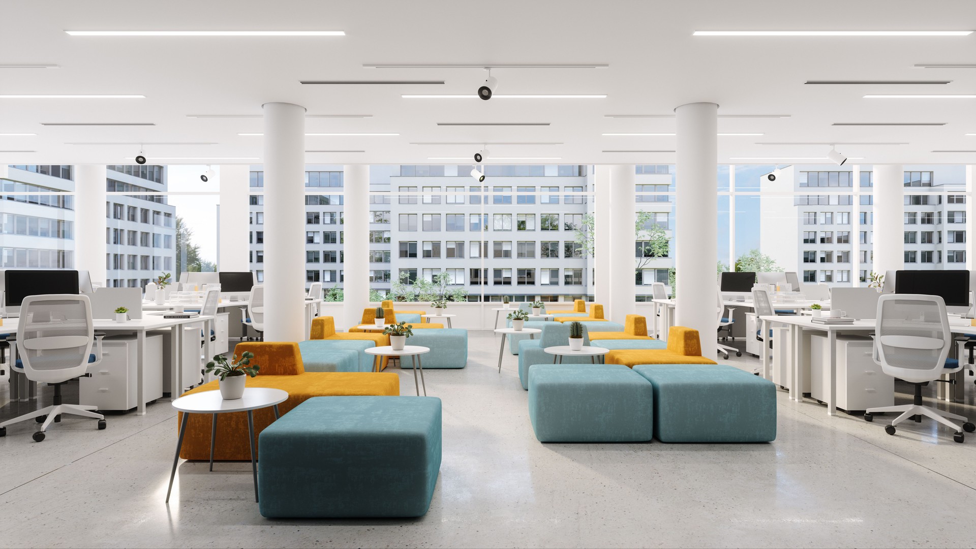 Modern Open Plan Office Space With Office Chairs, Tables, Computers And Waiting Area